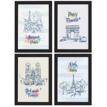 Quadros Paris Ilustrada para Sala MolduraPreta 22x32 Kit 4un