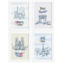 Quadros Paris Ilustrada Sala Moldura Branca 33x43cm Kit 4un Quadros Paris Ilustrada Sala Moldura Branca 33x43cm Kit 4un