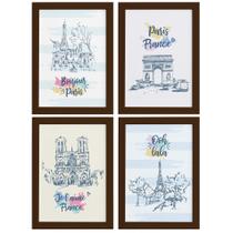 Quadros Paris Ilustrada Sala Moldura Marrom 33x43cm Kit 4un