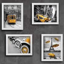 Quadros Paris New York Cidades Amarelo 22x32cm Moldura Branca 4 un