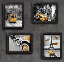 Quadros Paris New York Cidades Amarelo 22x32cm Moldura Preta 4 un