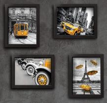 Quadros Paris New York Cidades Amarelo 33x43cm Moldura Preta