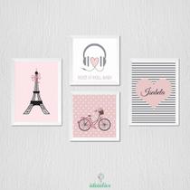 Quadros Personalizados Menina Paris com Fone e Bicicleta Quadros Personalizados Menina Paris com Fone e Bicicleta
