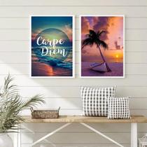 Quadros Praia por do Sol Carpe Diem 45x34cm - Madeira Branca