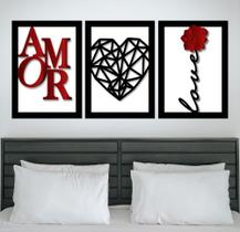 Quadros Quarto Casal Coração Amor Love Kit 3 Peças