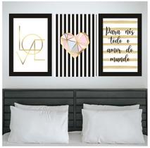 Quadros Quarto Casal Gold Coração Amor Love 3 Peças 20x28cm