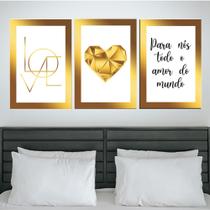 Quadros Quarto Casal Gold Coração Amor Love Kit 3 Peças