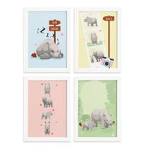 Quadros Rinocerontes Carinhosos Moldura Branca 22x32cm 4un Quadros Rinocerontes Carinhosos Moldura Branca 22x32cm 4un