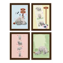 Quadros Rinocerontes Carinhosos Moldura Marrom 22x32cm 4un Quadros Rinocerontes Carinhosos Moldura Marrom 22x32cm 4un