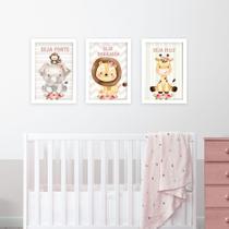 Quadros Safari Cute Menina 3 Peças Com Moldura Decoração Infantil Quarto Bebê rosa