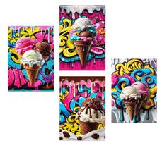 Quadros Sorvete Decorativo Grafite Sorveteria Kit 4 Peças Quadros Sorvete Decorativo Grafite Sorveteria Kit 4 Peças