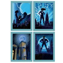 Quadros Super Heróis Geek Moldura Azul 22x32cm 4un