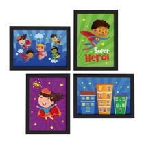 Quadros Super Heróis na Cidade Moldura Preta 4un 22x32cm Quadros Super Heróis na Cidade Moldura Preta 4un 22x32cm
