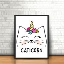 Quadros Unicórnio CatCorn Gato Branco Flores Moldura 30x40cm Quadros Unicórnio CatCorn Gato Branco Flores Moldura 30x40cm