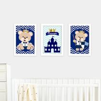 Quadros Urso Príncipe Azul Marinho 3 Peças Com Moldura Decoração Infantil Quarto Bebê Menino