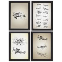 Quadros Vintage Aviões Antigos Moldura Preta 33x43cm 4un Quadros Vintage Aviões Antigos Moldura Preta 33x43cm 4un