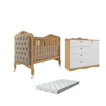 Quarto Bebe Berço e Cômoda MDF Canto Dorabelly +Colchão e Capitonê