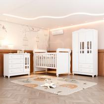 Quarto Bebê Completo Berço 3 em 1 Mirelle Guarda Roupa 3 Portas Cômoda 4 Gavetas 1 Porta MDF
