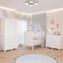 Quarto Bebê Completo Berço Americano Cloe 2 em 1 Guarda Roupas 3 Portas 3 Cômoda Junior MDF Faura
