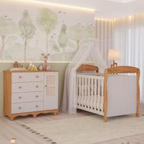 Quarto Bebê Completo Berço Americano Marquesa 3em1 Cômoda 1 Porta 4 Gavetas Telinha Off White 100%MDF