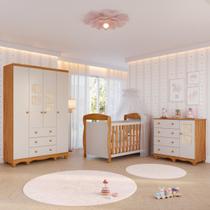 Quarto Bebê Completo Berço Americano Marquesa Guarda Roupas 4 Portas Cômoda 1 Porta Telinha Off White 100%MDF
