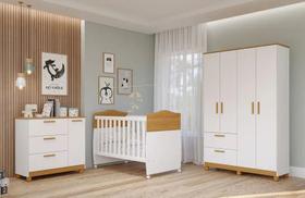 Quarto Bebe Completo Helena Guarda Roupa 4 Portas, Comoda 1 Porta e Berço Mini Cama Nature/Branco - Permobili