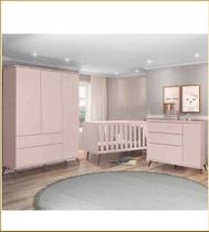 Quarto Bebê Completo Melinda Rose Retro Guarda Roupa 3 Portas Cômoda 1 Porta Berço Qencanto - Phoenix Baby