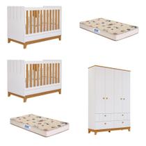 Quarto Bebê Gêmeos 2 Berço Mini Cama Guarda Roupa Liza e 2 Colchões Gazin Permobili