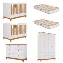 Quarto Bebê Gêmeos com 2 Berços Mini Cama Cômoda e Guarda Roupa Liza e 2 Colchões Gazin Permobili