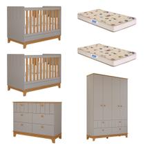 Quarto Bebê Gêmeos com 2 Berços Mini Cama Cômoda e Guarda Roupa Liza Permobili e 2 Colchões Gazin