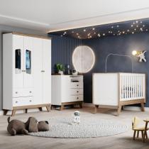 Quarto Bebê Guarda Roupa 4 Pts Cômoda Berço Aurora Casa 812 Branco Com Jequitibá Hp