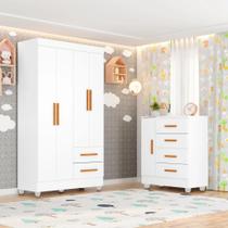 Quarto Bebê Infantil com Guarda-roupa 4 Portas e 2 Gavetas com Cômoda 4 Gavetas e 1 Porta