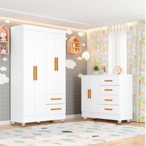 Quarto Bebê Infantil com Guarda-Roupa 4 Portas e 2 Gavetas com Cômoda 4 Gavetas e 2 Portas Lite Branco Quarto Bebê Infantil com Guarda-Roupa 4 Portas e 2 Gavetas com Cômoda 4 Gavetas e 2 Portas Lite Branco
