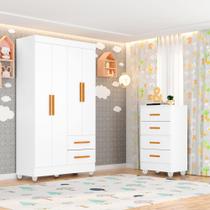 Quarto Bebê Infantil com Guarda-roupa 4 Portas e 2 Gavetas com Cômoda 4 Gavetas