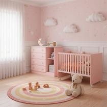 Quarto Bebê Infantil Doce Sonho Berço Reto Rodizio e Cômoda Sapateira 1 Porta 4 Gavetas Qmovi