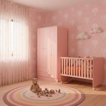 Quarto Bebe Infantil Doce Sonho Berço Reto Rodizio e Guarda Roupas Multiuso Qmovi