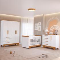Quarto Bebê Retrô Completo com Guarda Roupa 4 Portas Berço Mini Cama Cômoda 4 Gavetas MDF Faura