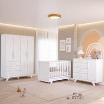 Quarto Bebê Retrô Completo com Guarda Roupa 4 Portas Berço Mini Cama Cômoda 4 Gavetas MDF Faura