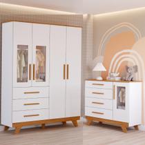Quarto Bebê Retrô Janelado Completo Guarda Roupa 4 Portas 3 Gavetas Cômoda 4 Gavetas 1 Porta MDF Faura