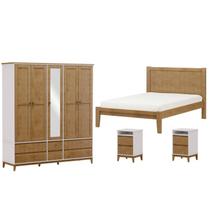 Quarto Casal 4 Peças MDF/Madeira Maciça Prata 3 Off White Freijo FNT