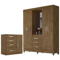 Quarto Casal com Guarda Roupa Capri 4 Portas 3 Gavetas Cômoda Sapateira Vênus 1 Porta 3 Gavetas Castanho Wood Moval
