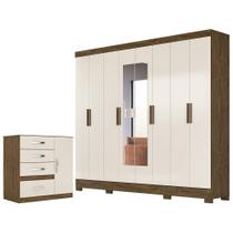 Quarto Casal com Guarda Roupa Diplomata Esp. 8 Portas 4 Gavetas Cômoda Vênus 1 Porta 4 Gavetas Castanho Wood/ Baunilha Moval