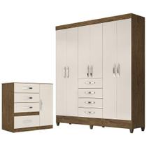 Quarto Casal com Guarda Roupa New Avaí 6 Portas 4 Gavetas Cômoda Vênus 1 Porta 4 Gavetas Castanho Wood/ Baunilha Moval