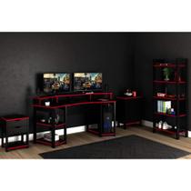 Quarto Casal Completo Gamer 4 Peças (Mesa Cabeceira + Mesa de Computador + Balcão + Estante) Preto/Vermelho - Tecno Mobili