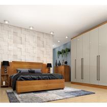 Quarto Casal Completo Guarda Roupa 6 Portas com Cômoda Cama e Cabeceira Bege/Cinamomo/Off White