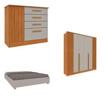 Quarto Casal Completo Guarda-roupa 6 Portas e Cômoda 4 Gavetas Ripado Nova York e Cama Queen Mônaco