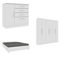 Quarto Casal Completo Guarda-Roupa 6 Portas Lima, Cama Monaco e Cômoda Chicago Espresso Móveis Branco/Neve