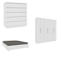 Quarto Casal Completo Guarda-Roupa 6 Portas Lima, Cama Monaco e Cômoda Premium Espresso Móveis Branco/Neve