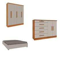 Quarto Casal Completo Guarda Roupa 6 Portas Munique, Cama Casal Monaco e Cômoda Istambul Espresso Mó Bege/Cinamomo/Off White
