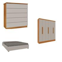 Quarto Casal Completo Guarda Roupa 6 Portas Munique, Cama Casal Monaco e Cômoda Premium Espresso Móv Bege/Cinamomo/Off White